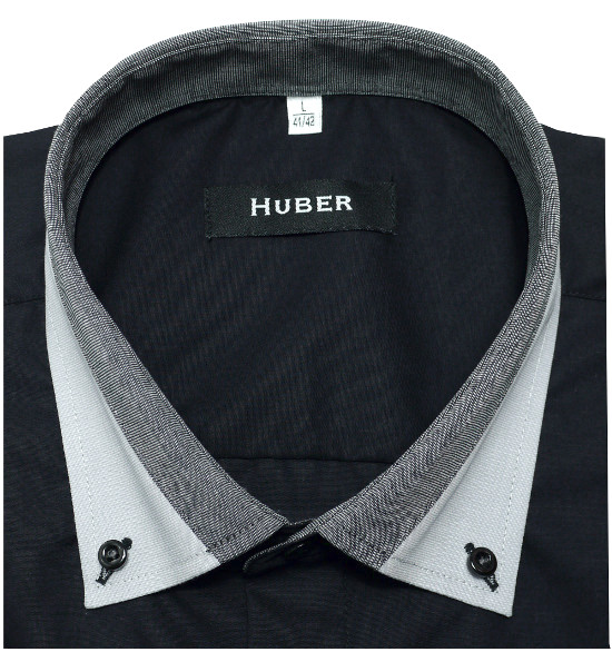 HUBER Kurzarm Hemd schwarz mit Kontrast Button-down-Kragen HU-0152 Regular