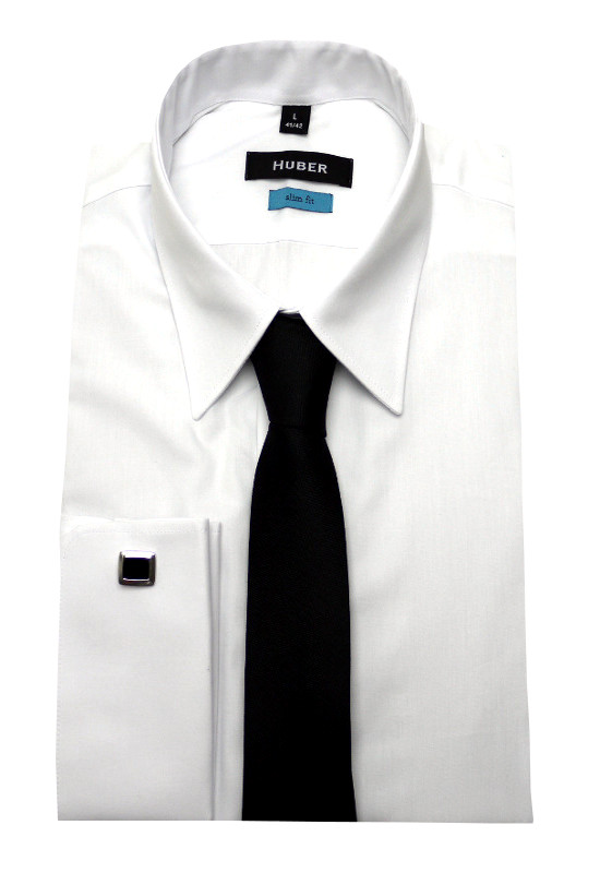 HUBER Umschlag-Manschettenhemd weiß +Krawatte schwarz +Mansch.Knöpfe Slim Fit HU-6361