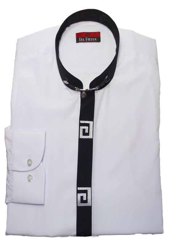 Stehkragenhemd von Del Pierro mit verdeckter Knopfleiste u. Stickerei weiß-schwarz Baumwollmischung