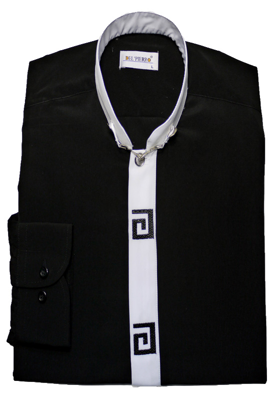 Stehkragenhemd von Del Pierro mit verdeckter Knopfleiste u. Stickerei schwarz-weiß Baumwollmischung