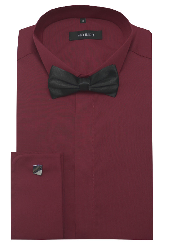 HUBER Smoking Hemd weinrot mit Fliege schwarz +Mansch.Knopf HU-1026 Regular Fit