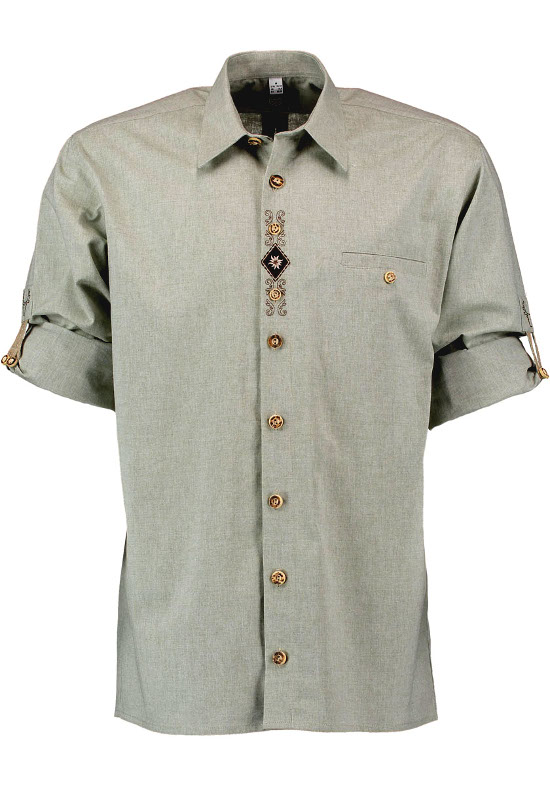 Orbis Trachtenhemd beige braun mit Stickerei Krempelarm OS-0214 Comfort Fit