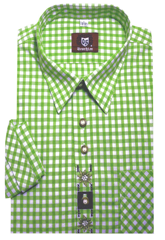 Orbis Trachtenhemd grün-weiß mit Stickerei Krempelarm OS-0101 Regular Fit