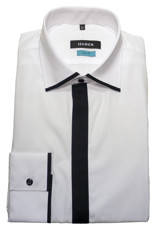 Slim Fit Hemd von HUBER mit Kentkragen weiss mit Kontrast schwarz Baumwolle-Stretch
