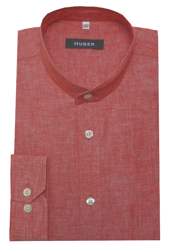 HUBER Stehkragen Leinen Hemd rot Halbleinen HU-0431 Regular
