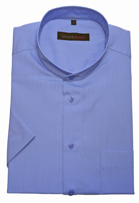 Stehkragenhemd Kurzarm von Black & Purple blau Baumwollmischung