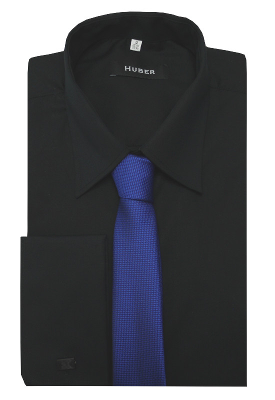 HUBER Umschlag-Manschetten Hemd schwarz inkl.Krawatte blau HU-5212 Regular