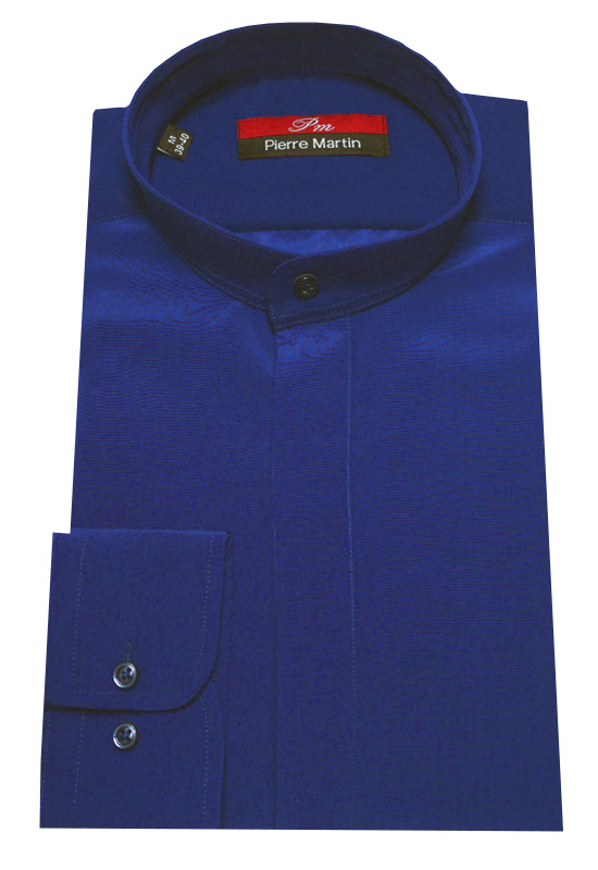 Stehkragen Hemd royal-blau verdeckte Leiste DP-0017 Regular Fit