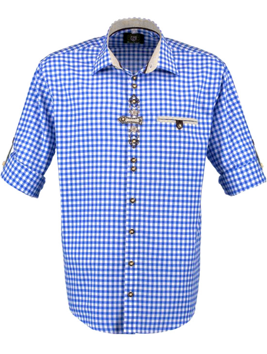 Trachtenhemd blau kariert mit Stickerei und Krempelarm TH-0251 Regular Fit