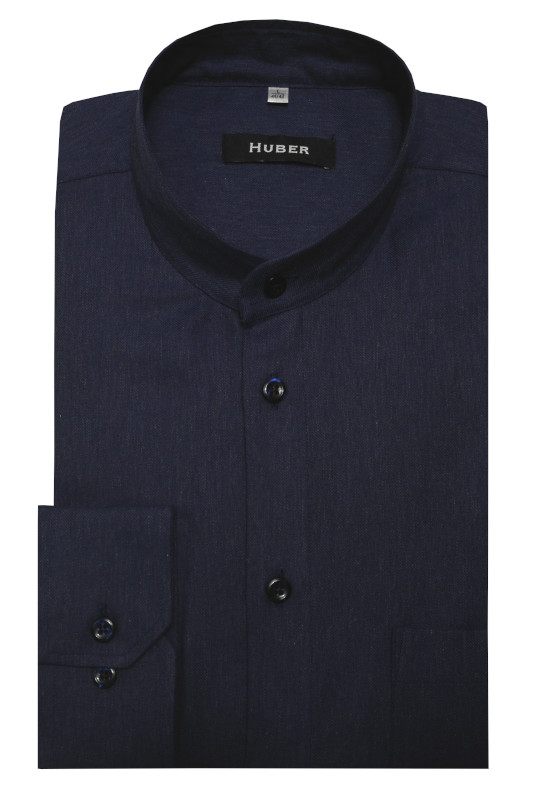 HUBER Stehkragen Hemd blau edler softweicher Twill Regular Fit HU-0095 Made in EU