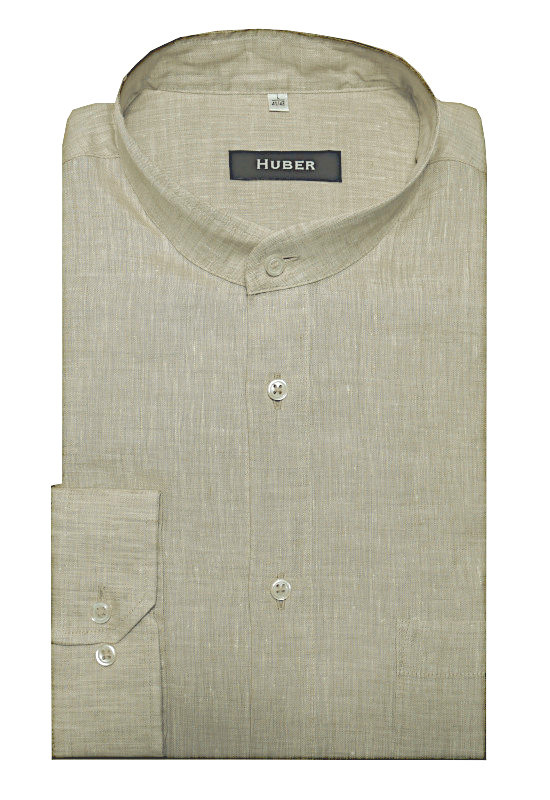 HUBER Stehkragen Hemd beige 100% Leinen feiner Stoff Regular Fit HU-0467