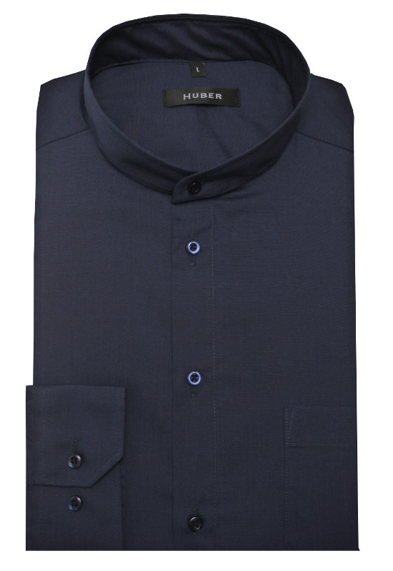 HUBER Stehkragen Hemd dunkelblau marine Regular Fit bügelleicht HU-0654