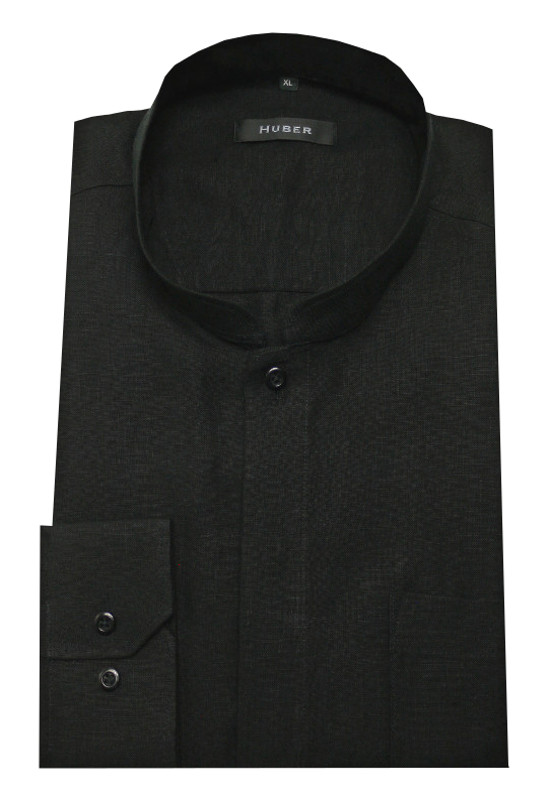 HUBER Stehkragen Hemd schwarz 100% Leinen Mandarin Kragen HU-0572 Regular