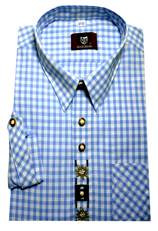 Orbis Trachtenhemd hellblau-weiß mit Stickerei Krempelarm OS-0106 Regular Fit