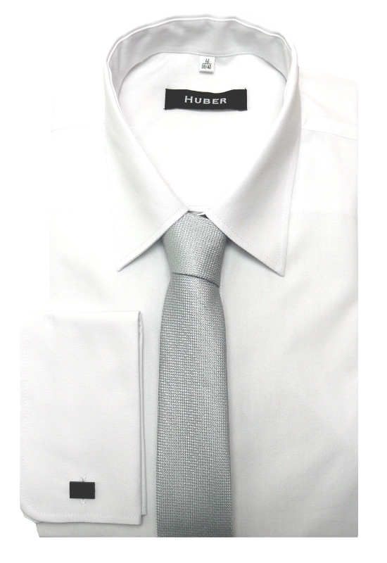 HUBER Umschlag-Manschetten Hemd weiß inkl.Krawatte silbergrau HU-5111 Regular