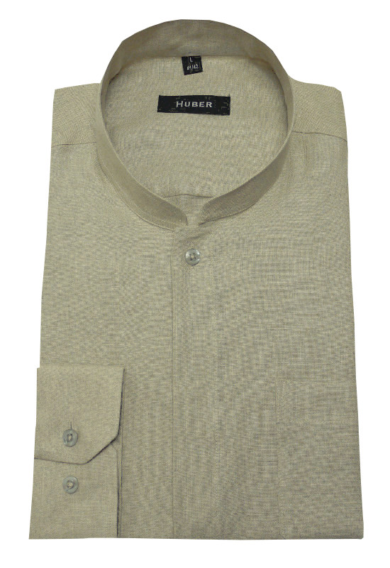 HUBER Stehkragen Hemd beige 100% Leinen Asia Kragen HU-573 Regular