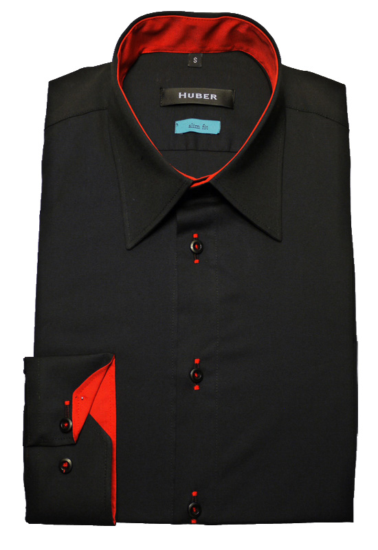 Slim Fit Hemd von HUBER mit Kentkragen schwarz-rot Baumwolle-Stretch