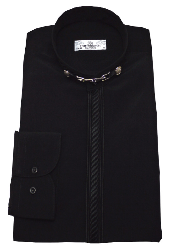 Stehkragenhemd von Del Pierro mit verdeckter Knopfleiste u. Stickerei schwarz Baumwollmischung