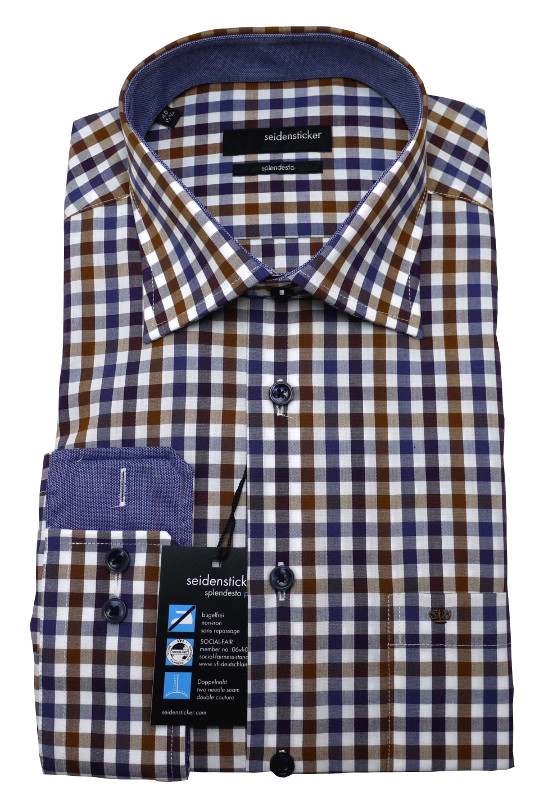 Freizeit Hemd von Seidensticker Splendesto Karo mit Patch blau Baumwolle bügelfrei