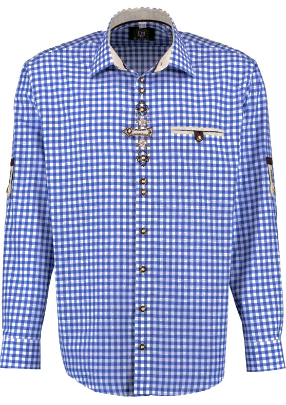 Trachtenhemd blau kariert mit Stickerei und Krempelarm TH-0251 Regular Fit