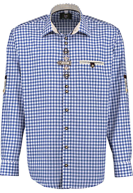 Trachtenhemd blau kariert mit Stickerei und Krempelarm TH-0251 Regular Fit