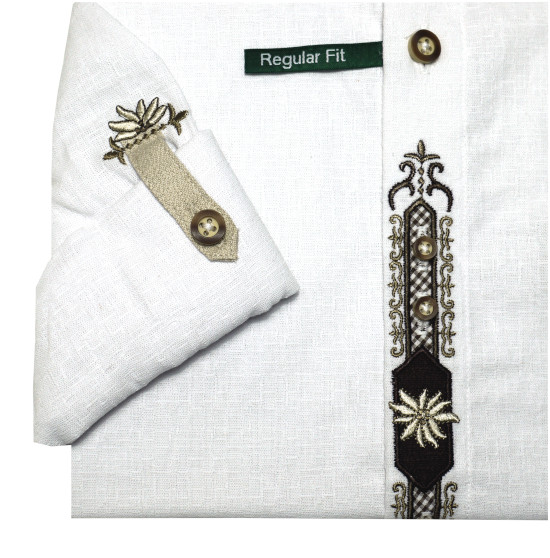 Trachtenhemd weiß mit Stickerei, Schulterpasse und Krempelarm Regular Fit TH-0214