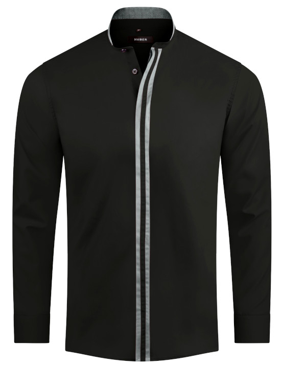 HUBER Stehkragen Hemd schwarz grau Regular Fit HU-0094