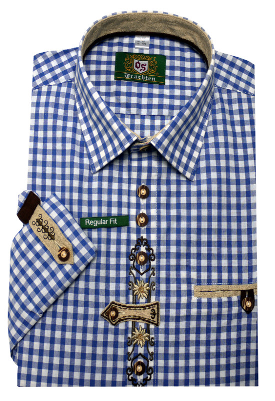 Orbis Trachtenhemd blau kariert mit Stickerei Krempelarm OS-0251 Regular Fit