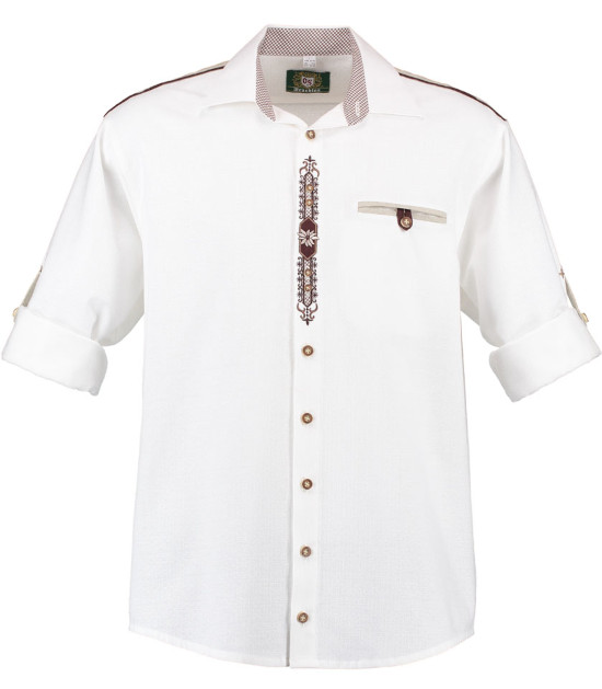 Trachtenhemd weiß mit Stickerei, Schulterpasse und Krempelarm Regular Fit TH-0214
