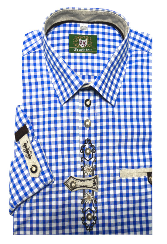 Trachtenhemd blau kariert mit Stickerei und Krempelarm TH-0251 Regular Fit