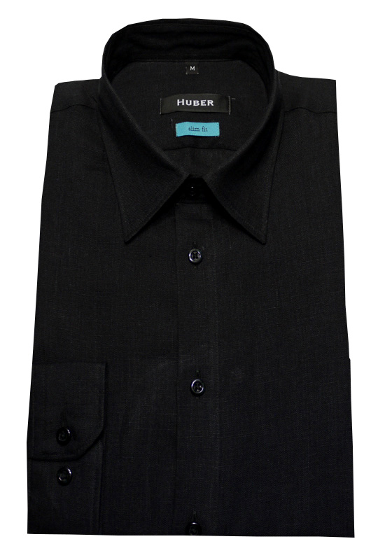 HUBER Leinen Hemd schwarz HU-0372 Sim Fit