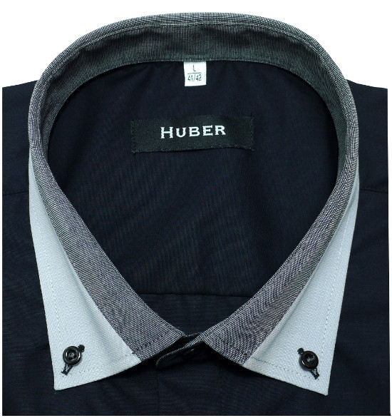 HUBER Kurzarm Hemd schwarz mit Kontrast Button-down-Kragen HU-0152 Regular