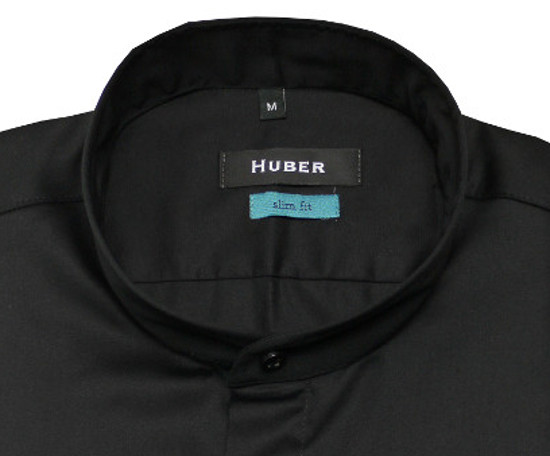 HUBER Stehkragen Hemd schwarz verdeckte Knopfleiste Slim Fit HU-0329