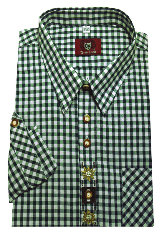 Orbis Trachtenhemd grün-weiß mit Stickerei Krempelarm OS-0108 Regular Fit