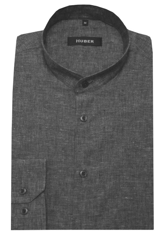 HUBER Stehkragen Leinen Hemd grau Halbleinen HU-0432 Regular