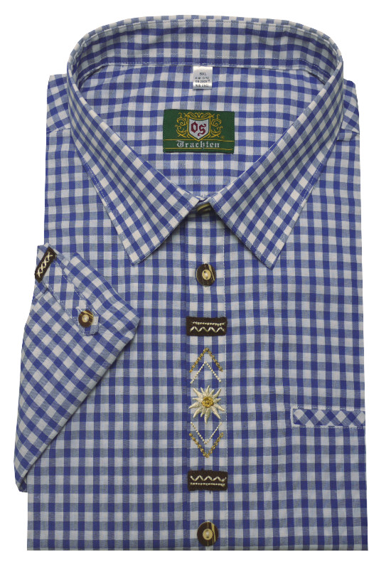 Orbis Trachtenhemd blau weiß mit Stickerei Krempelarm OS-0361 Regular Fit