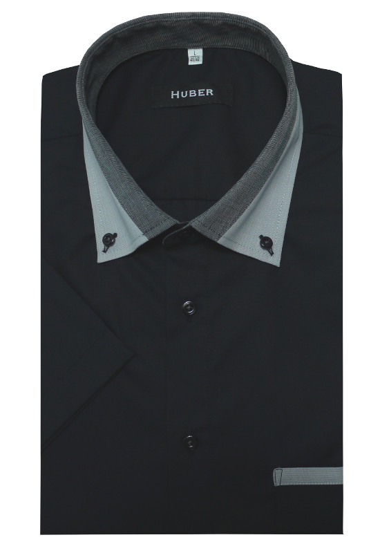 HUBER Kurzarm Hemd schwarz mit Kontrast Button-down-Kragen HU-0152 Regular