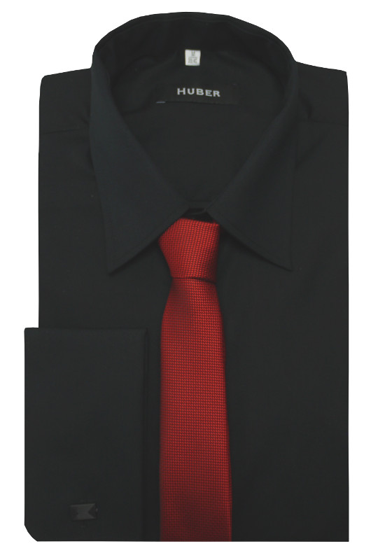 HUBER Umschlag-Manschetten Hemd schwarz inkl.Krawatte rot HU-5312 Regular