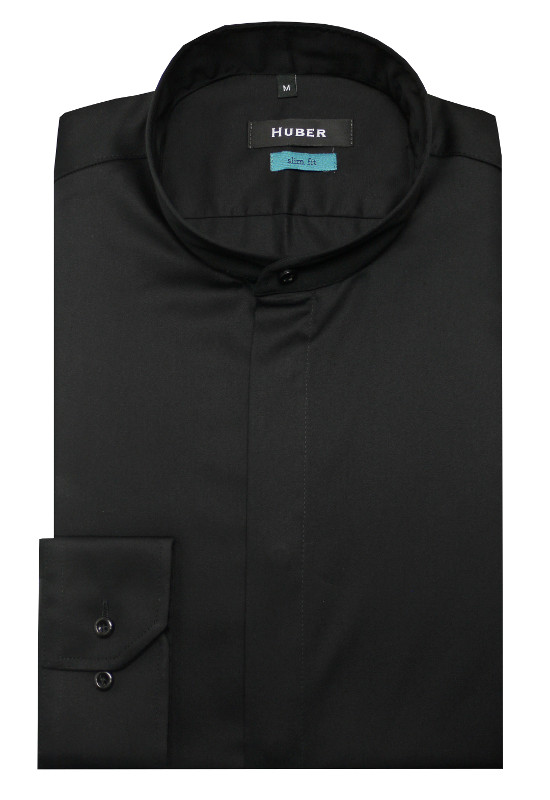HUBER Stehkragen Hemd schwarz verdeckte Knopfleiste Slim Fit HU-0329