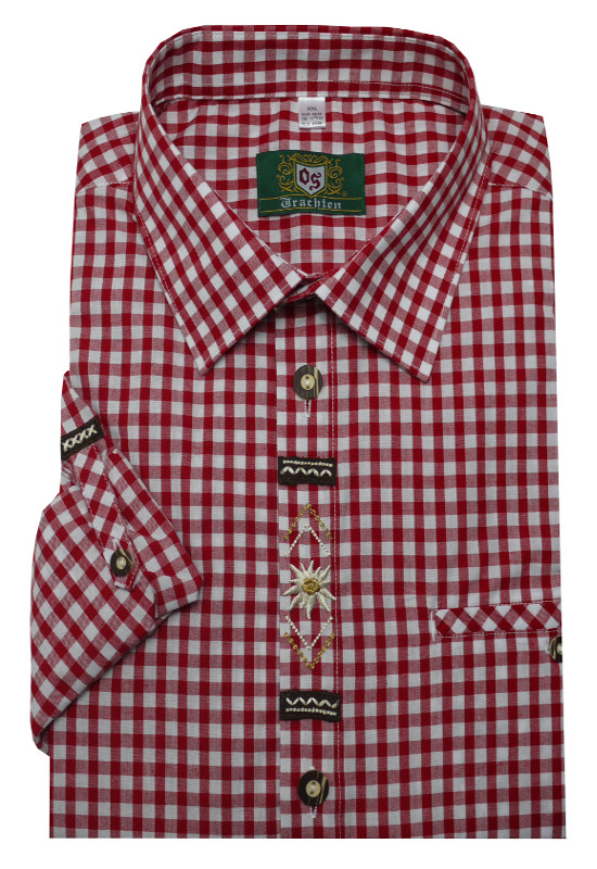 Orbis Trachtenhemd rot weiß mit Stickerei Krempelarm OS-0362 Regular Fit