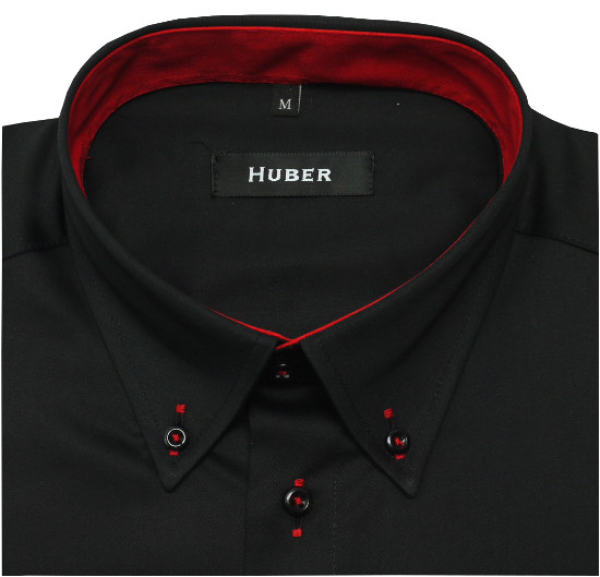 HUBER Kurzarm Hemd mit Button-down-Kragen schwarz-rot Regular Fit HU-0157