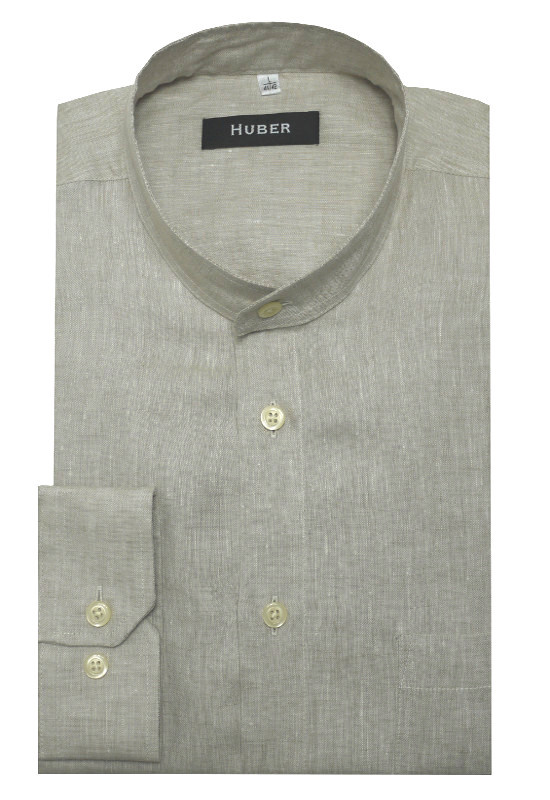HUBER Stehkragen Hemd beige 100% Leinen feiner Stoff Regular Fit HU-0467