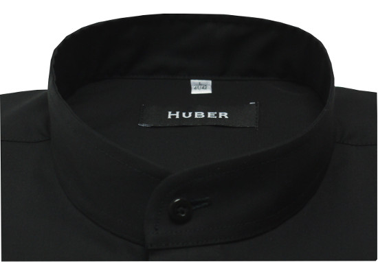 HUBER Herren Stehkragen Hemd schwarz verdeckte Leiste Regular Fit HU-0002