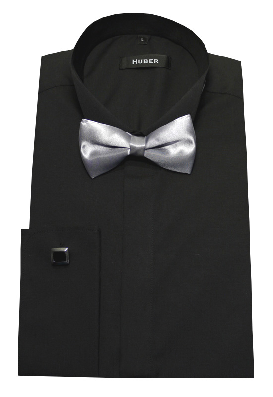 HUBER Smoking Hemd schwarz inkl. Fliege grau und Mansch.Knopf HU-1352 Slim Fit