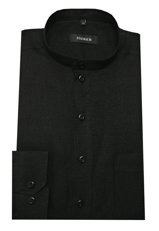 HUBER Schlupf-Hemd schwarz Stehkragen 100% Leinen HU-0502 Regular