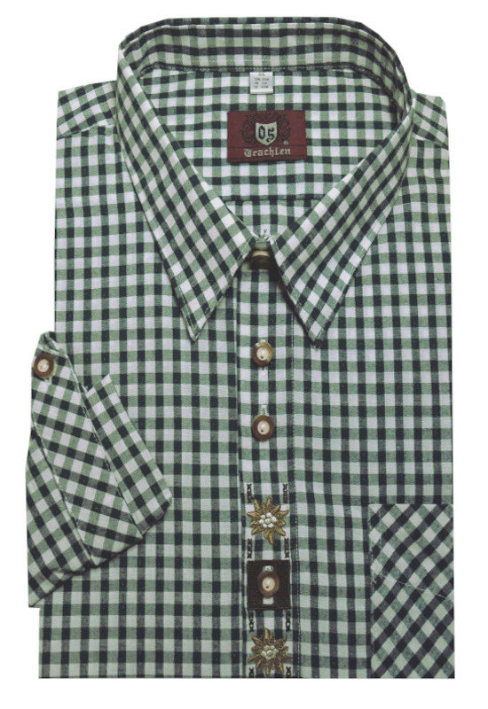 Trachtenhemd grün-weiß mit Stickerei und Krempelarm Jagd Forst TH-0108 Regular Fit