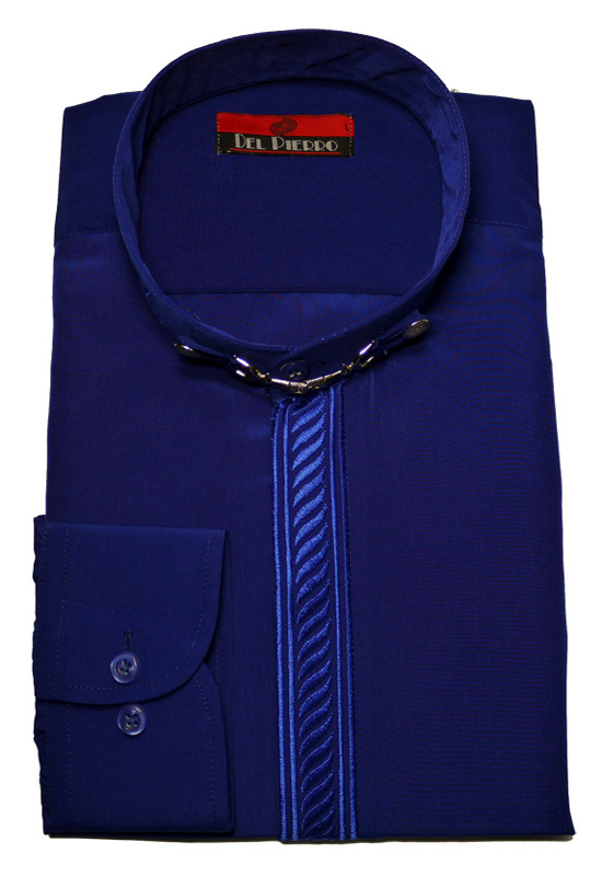 Stehkragenhemd von Pierre Martin mit verdeckter Knopfleiste u. Stickerei royalblau Baumwollmischung