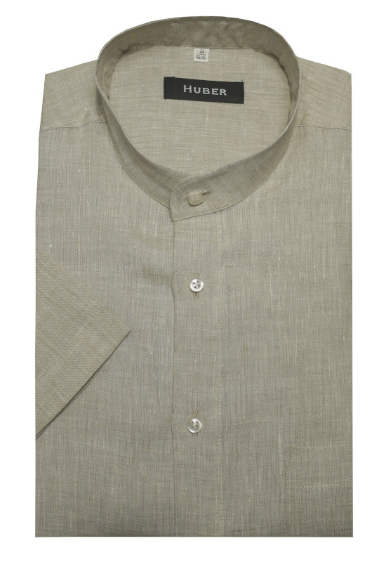 HUBER Stehkragen Kurzarm Hemd beige 100% Leinen Nachhaltige Naturfaser HU-0117 Regular