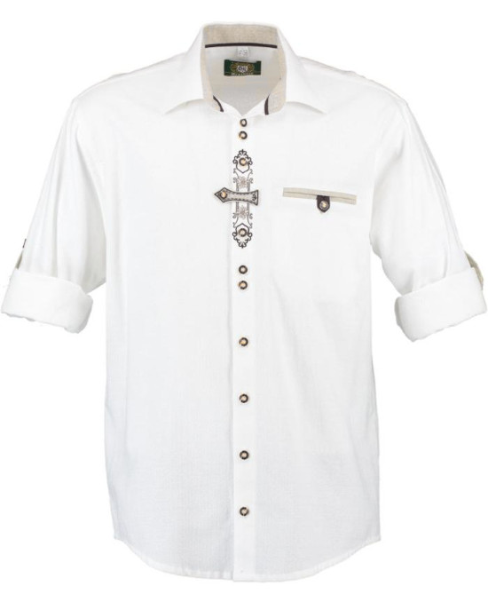 Trachtenhemd weiß mit Stickerei und Krempelarm Regular Fit TH-0250