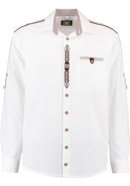 Trachtenhemd weiß mit Stickerei, Schulterpasse und Krempelarm Regular Fit TH-0214